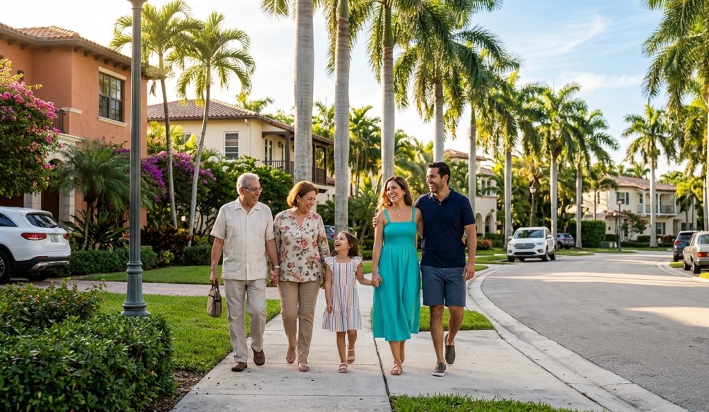 Familia mexicana en barrio residencial de Miami — comunidad hispana y calidad de vida 2026