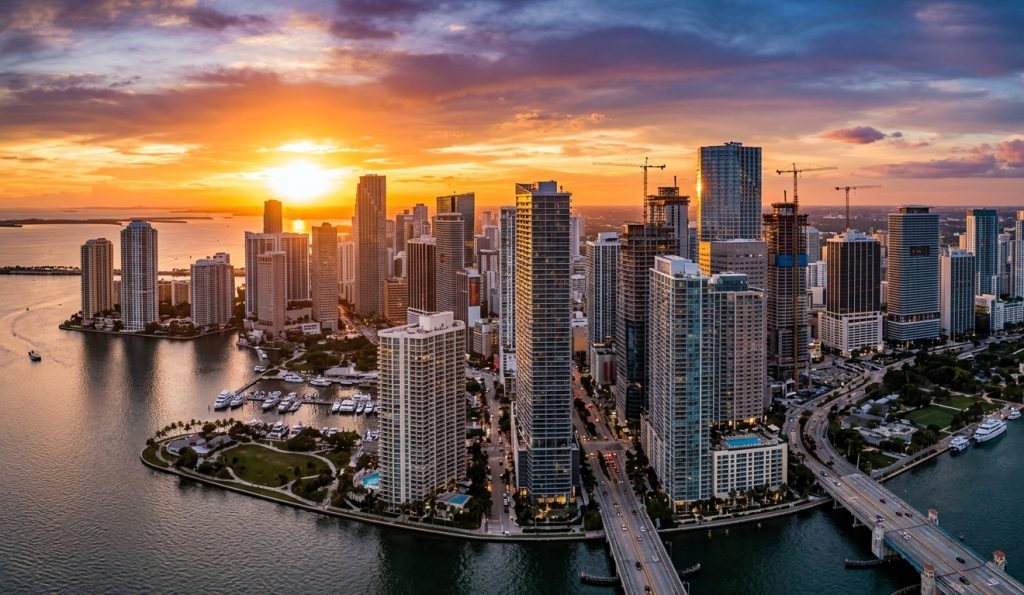 Skyline de Miami con grúas de construcción — barrios con mayor revalorización para el inversor latinoamericano en 2026
