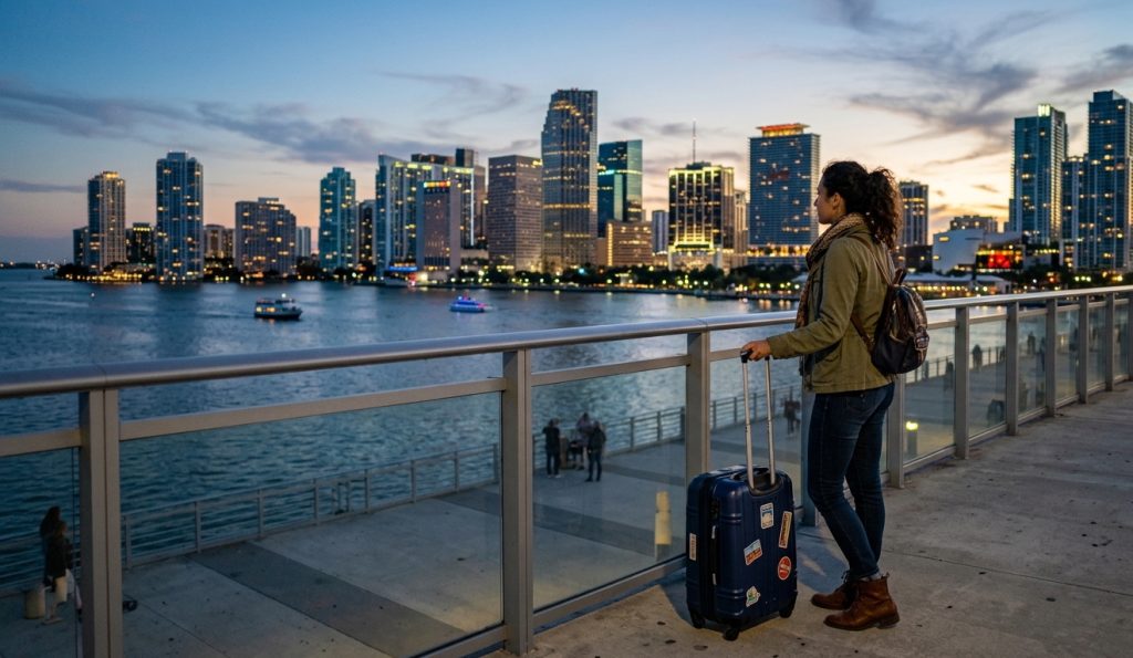 Mujer latinoamericana con maleta frente al skyline de Miami al atardecer — mudarse de Colombia o México a Miami en 2026