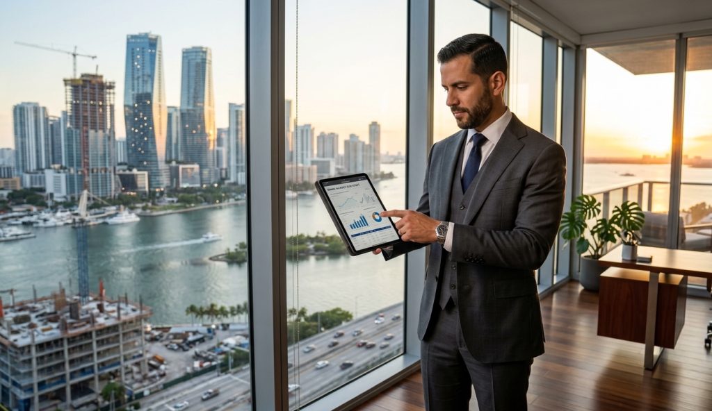 Ejecutivo latinoamericano analizando tendencias del mercado inmobiliario de Miami 2026 — perspectiva desde Colombia y México