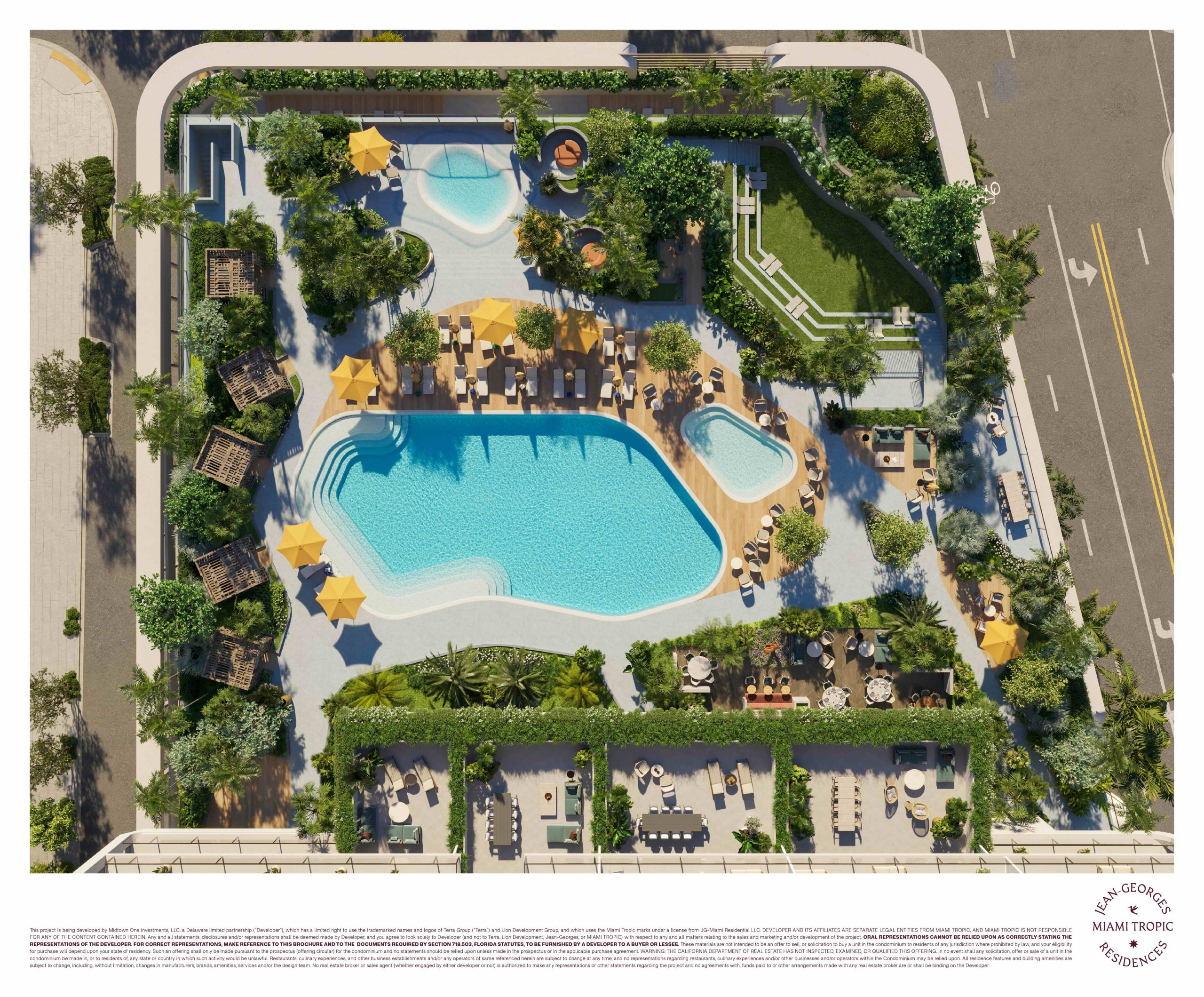 Pool deck estilo resort en el Nivel 8 de Miami Tropic Residences