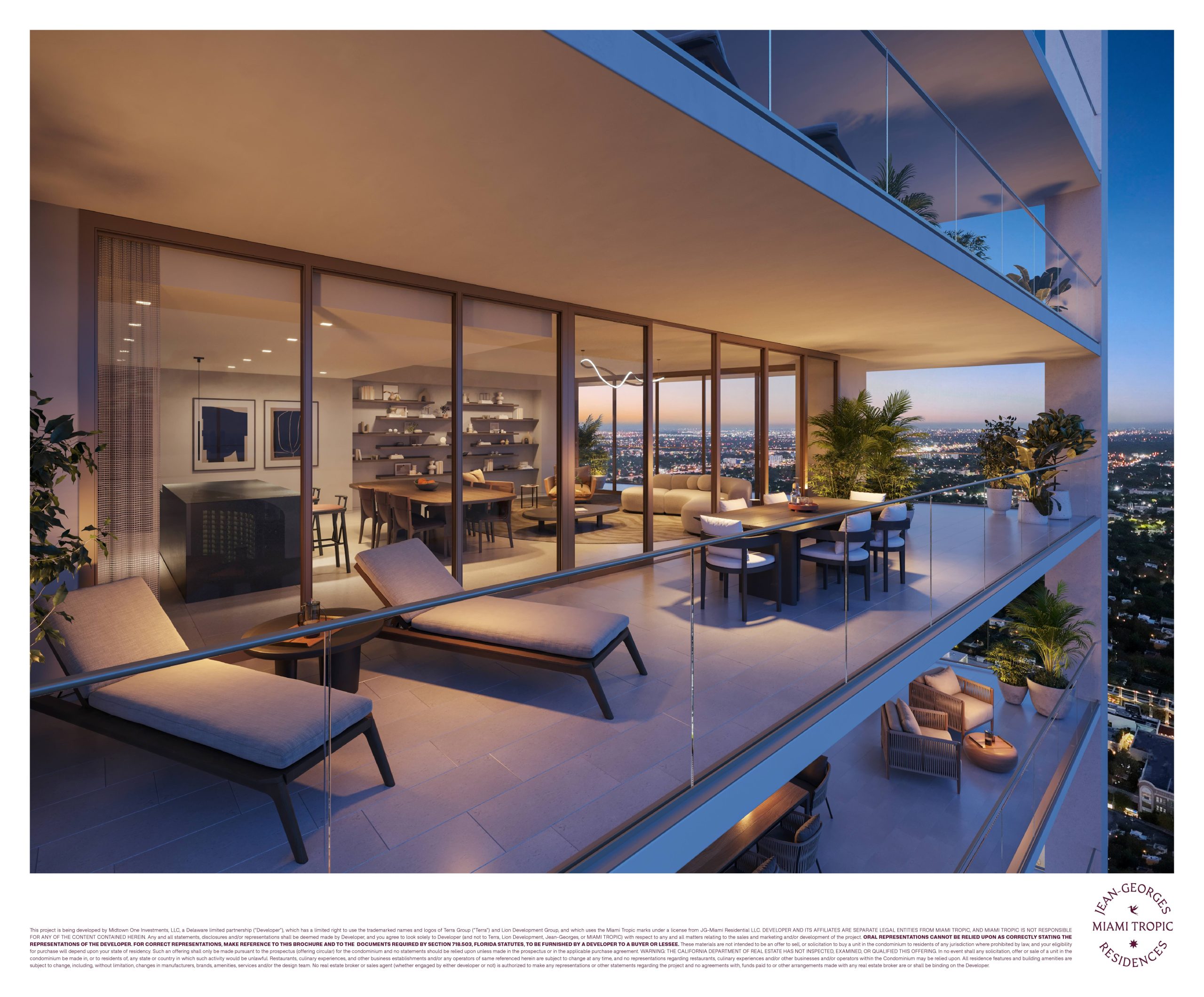 Balcón y terraza al atardecer, Residencia 01, Miami Tropic Residences