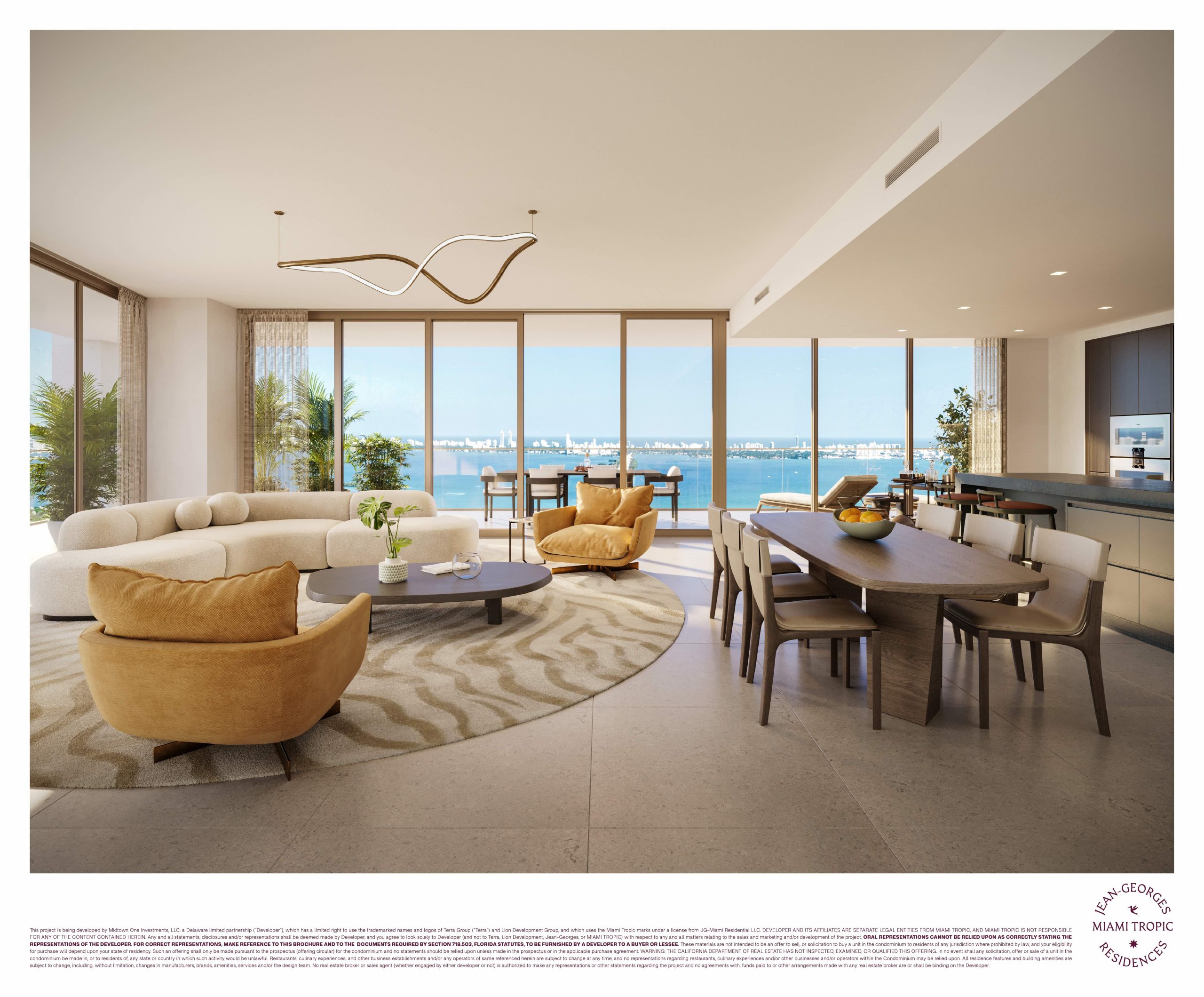 Cocina, sala y comedor integrados, Residencia 01, Miami Tropic Residences