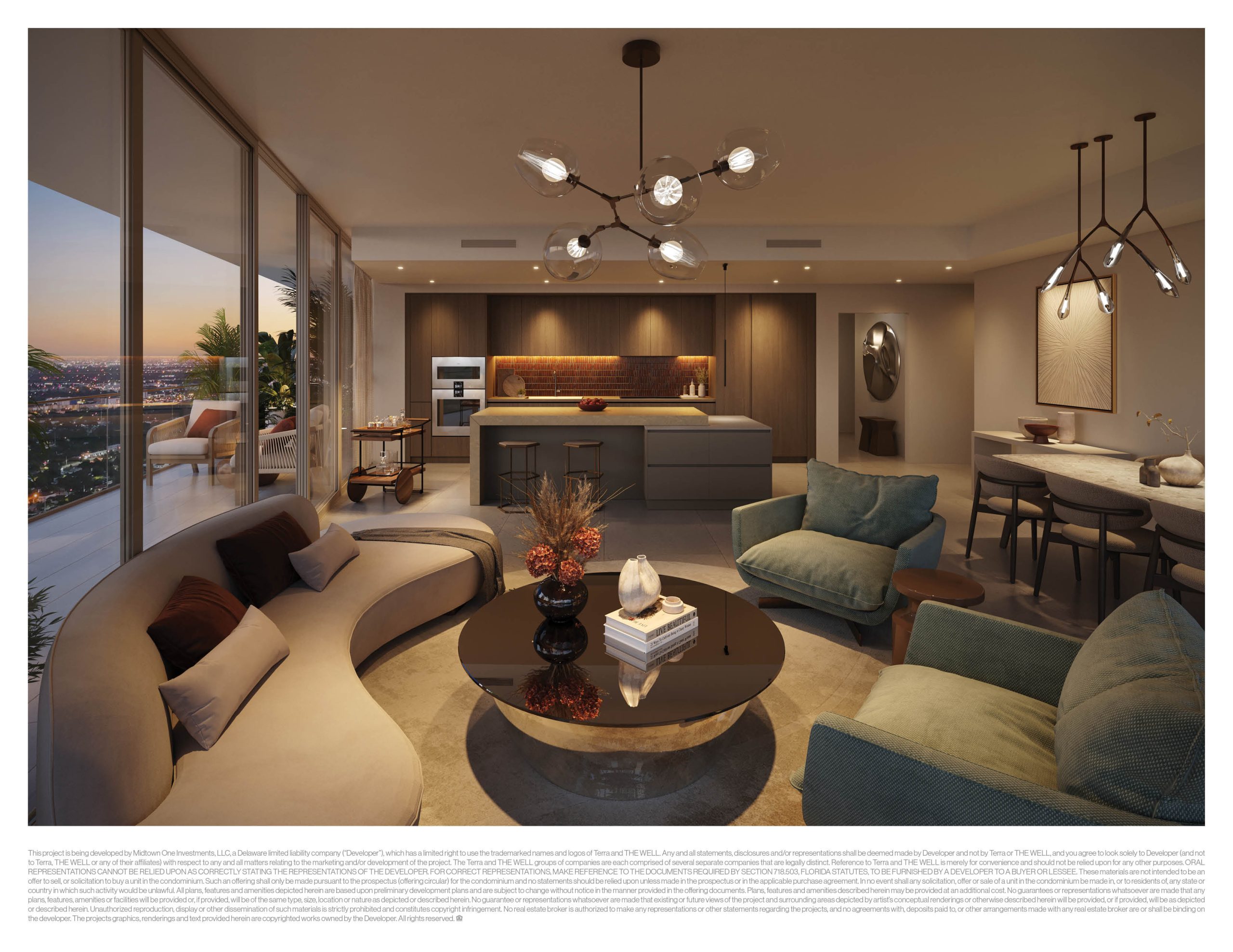 Cocina y sala al atardecer, Residencia 09, Miami Tropic Residences